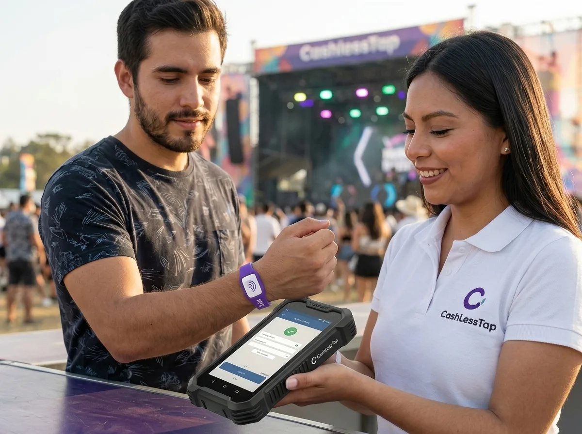 Un asistente presenta su pulsera NFC morada y una vendedora de CashLessTap confirma el cobro en la app de operador, con el escenario del evento detrás.